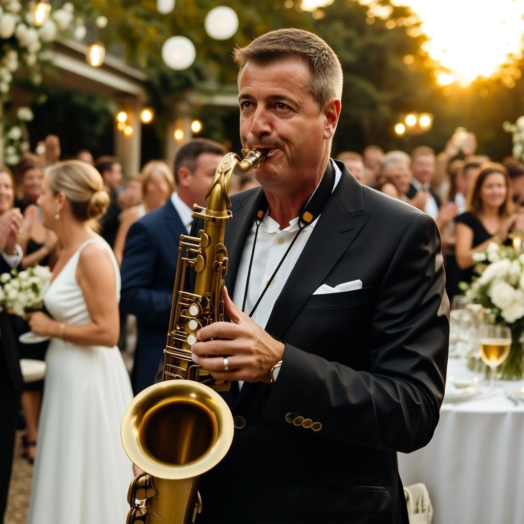 MARC SAX – saxophoniste jouant en live lors d’un mariage élégant en extérieur