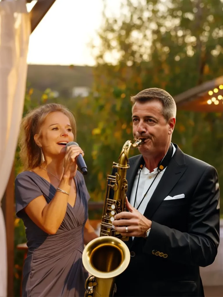 Le duo MARC SAX & POUCHYNE en prestation live, Pouchyne chante au micro pendant que MARC SAX joue du saxophone, ambiance dorée de coucher de soleil, atmosphère élégante et conviviale.