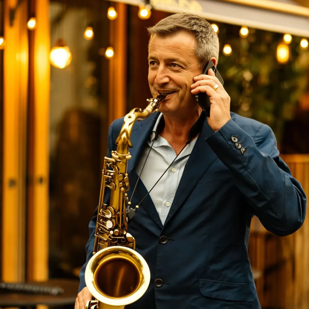 MARC SAX avec son saxophone et un téléphone à la main, scène humoristique illustrant la disponibilité du duo MARC SAX & POUCHYNE pour les événements.