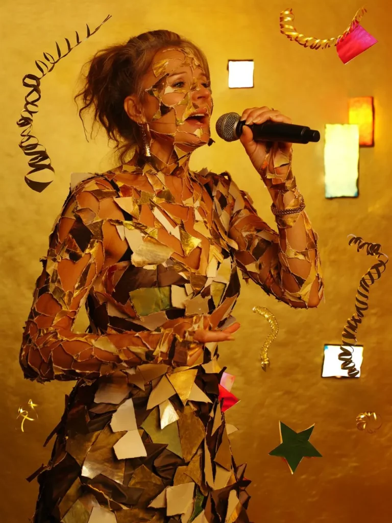 Portrait artistique de Pouchyne, chanteuse et DJette, tenant un micro sur fond doré, style collage créatif et ambiance festive.